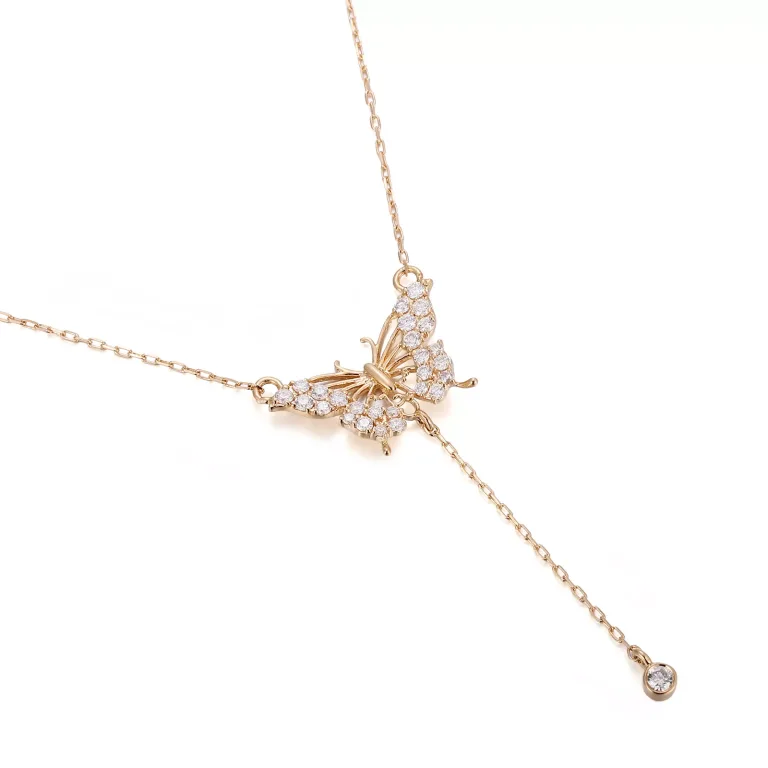 Round Cut Diamond Necklace Paved Butterfly Lariat Drop Style