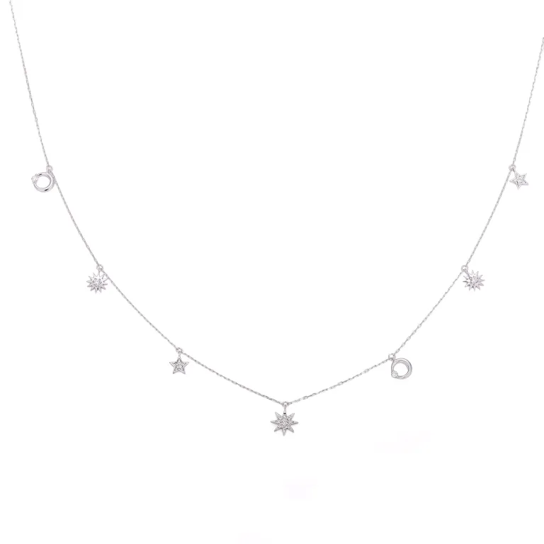 Round Cut Diamond Necklace Celestial Star Moon Station Style