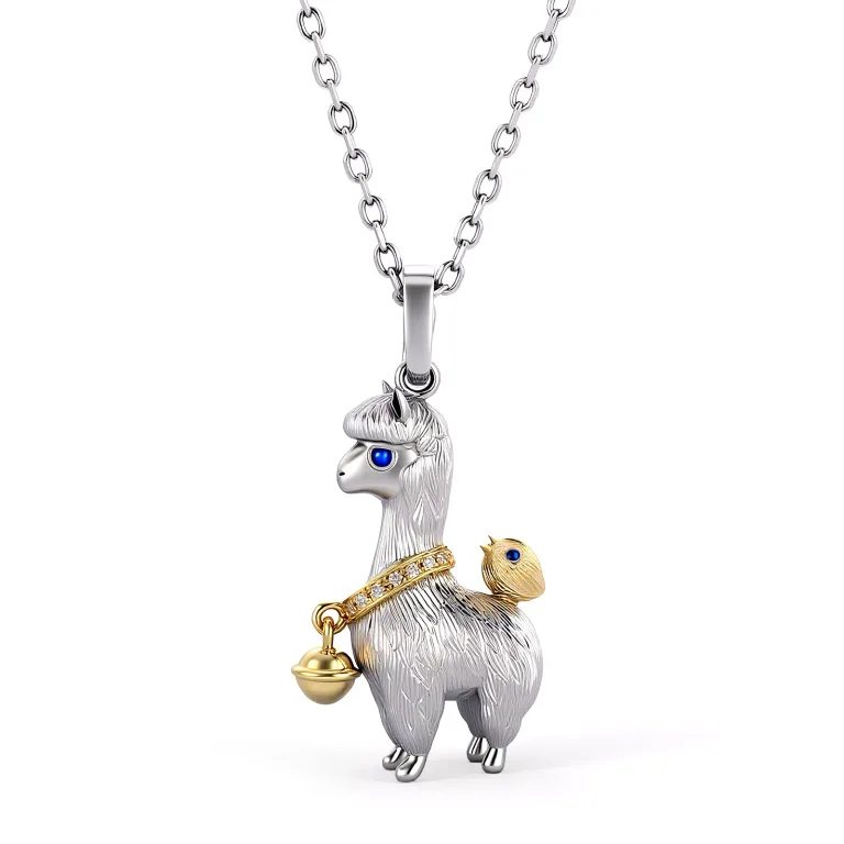 Round Cut Diamond Accent Pendant Necklace Alpaca Llama Charm Style