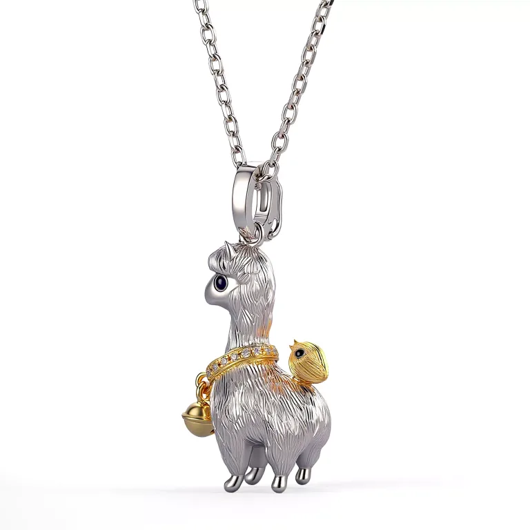 Round Cut Diamond Accent Pendant Necklace Alpaca Llama Charm Style