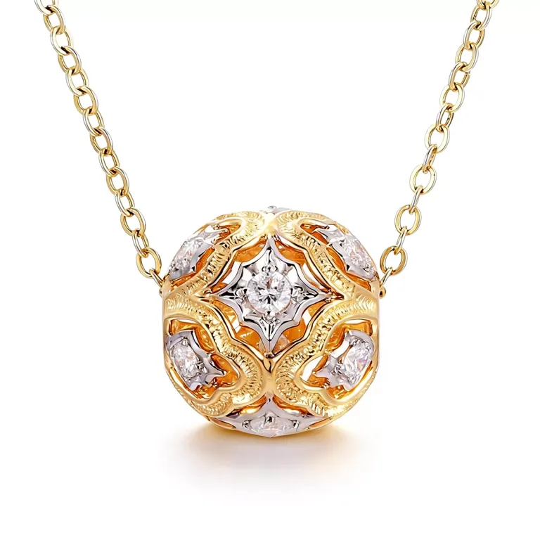 Round Cut Lab Diamond Pendant Necklace Two-Tone Openwork Sphere Style