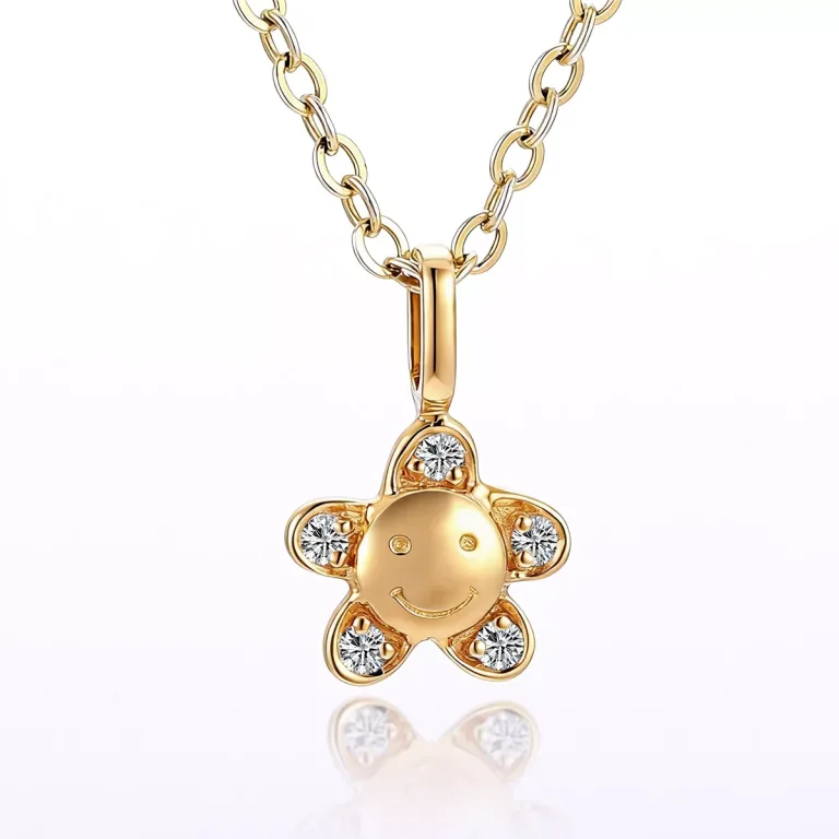 Round Cut Diamond Pendant Necklace Smiley Face Flower Charm Style