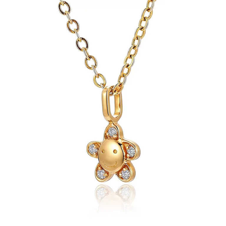 Round Cut Diamond Pendant Necklace Smiley Face Flower Charm Style