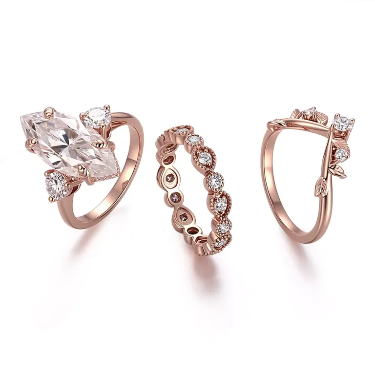 Vintage Marquise Cut Moissanite Stacking Ring Set with Round Brilliant Accent Stones