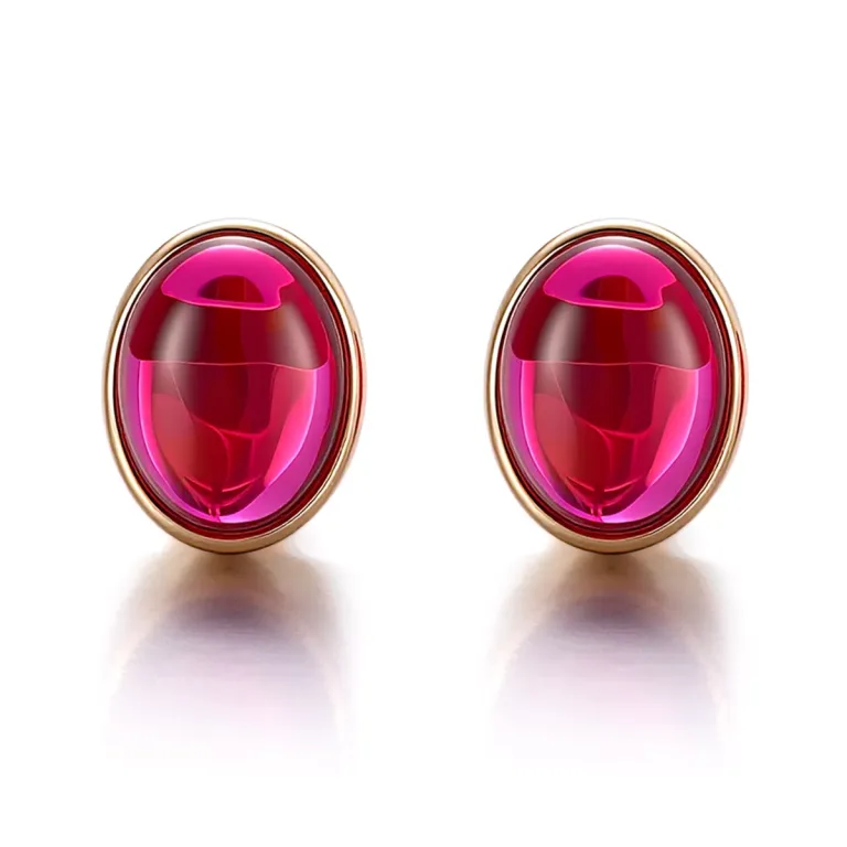Classic Stud Earring with Oval Cut Cabochon Lab Red Gemstone