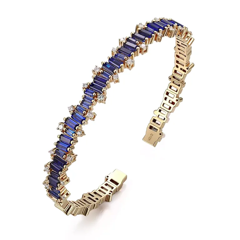 Baguettes Cut Lab Sapphire Bangle Bracelet with Shimmering Round Moissanite Accent