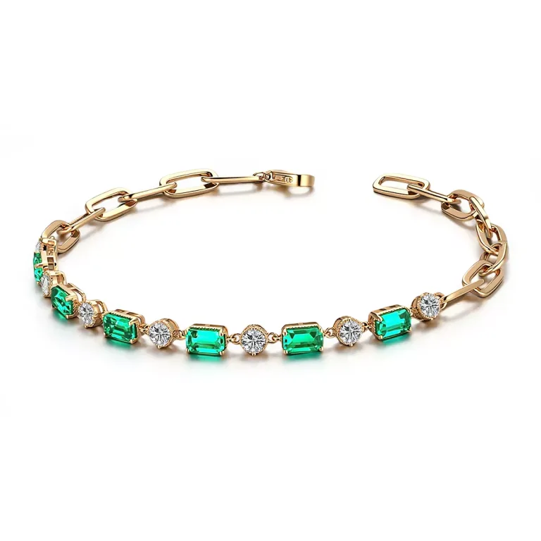 Emerald Cut Lab Emerald Bracelet with Sparkling Round Moissanite Accent
