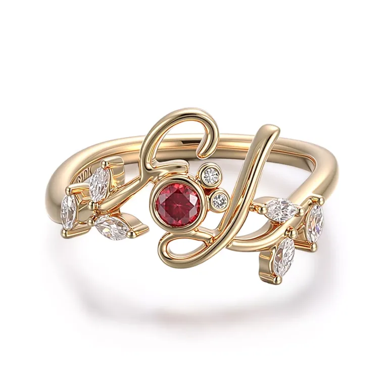 Floral Vine Ring with Round Cut Red Moissanite and Marquise Leaf Accents