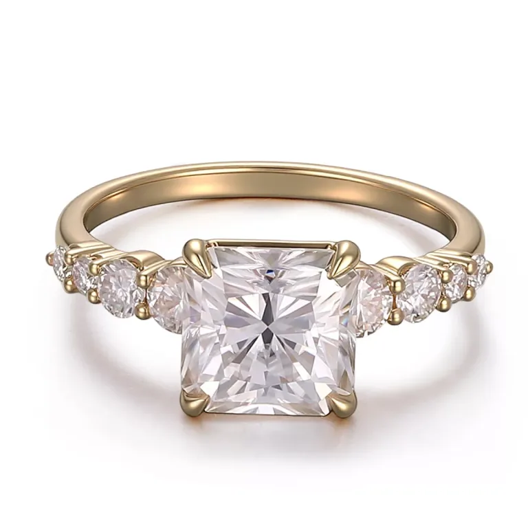 Classic Radiant Cut Moissanite Engagement Ring with Round Brilliant Moissanite Accent Stones