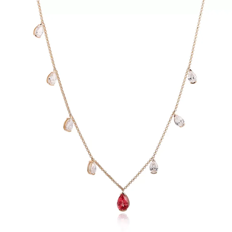 7.4CTW Pear Cut Lab Ruby Pendant Necklace with Moissanite