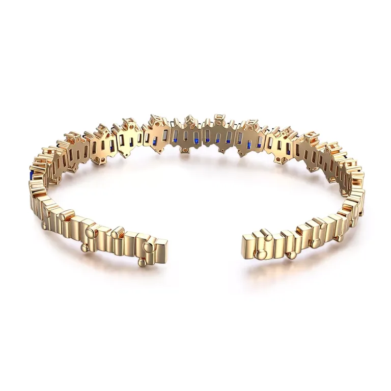 Baguettes Cut Lab Sapphire Bangle Bracelet with Shimmering Round Moissanite Accent