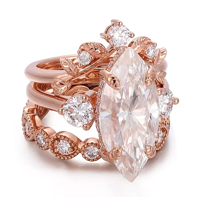 Vintage Marquise Cut Moissanite Stacking Ring Set with Round Brilliant Accent Stones