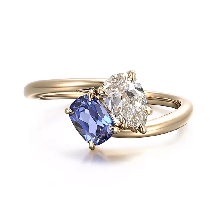 Toi et Moi Ring with Cushion Cut Blue Gemstone and Pear Moissanite