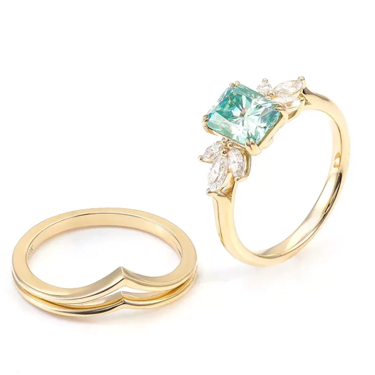 2CT Radiant Cut Colored Moissanite Ring with Marquise Accent