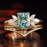 2CT Radiant Cut Colored Moissanite Ring with Marquise Accent