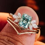 2CT Radiant Cut Colored Moissanite Ring with Marquise Accent