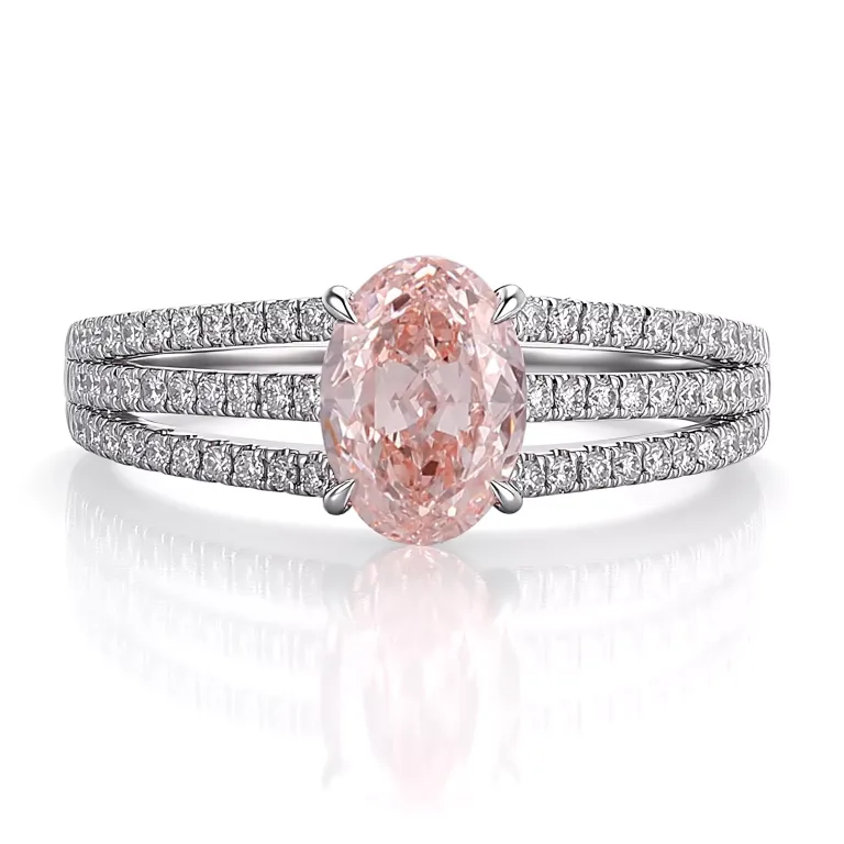 2CT Oval Cut Pink Lab Sapphire Ring with Triple Row Moissanite Accent Band