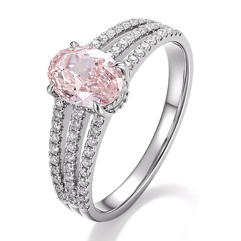 2CT Oval Cut Pink Lab Sapphire Ring with Triple Row Moissanite Accent Band