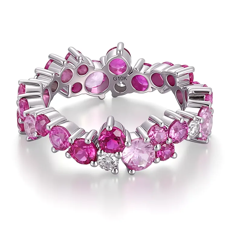 Round Cut Lab Gemstone Eternity Ring with Pink Gradient Stones and Moissanite