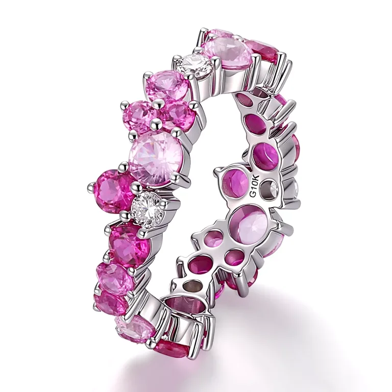Round Cut Lab Gemstone Eternity Ring with Pink Gradient Stones and Moissanite