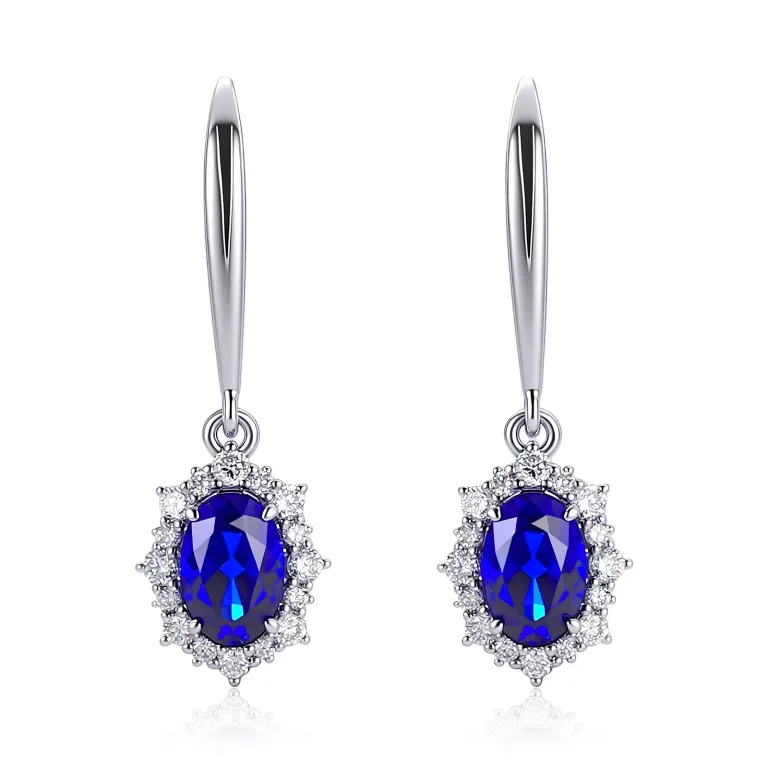 Oval Cut Lab Sapphire Earrings with Round Cut Moissanite Accent Halo Setting