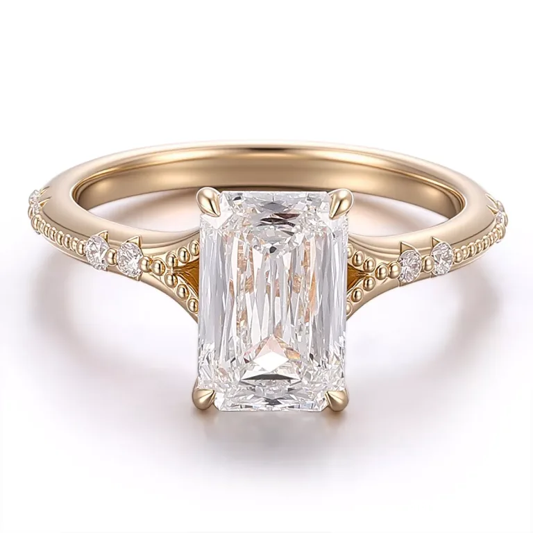 4CT Classic Emerald Cut Moissanite Ring Featuring Milgrain Detailing And Round Cut Accents
