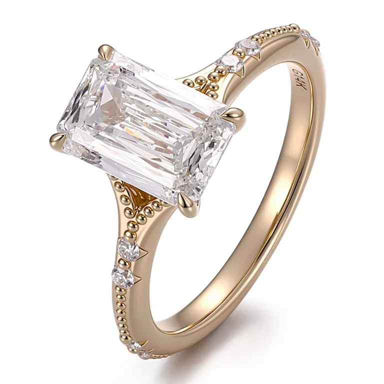 4CT Classic Emerald Cut Moissanite Ring Featuring Milgrain Detailing And Round Cut Accents