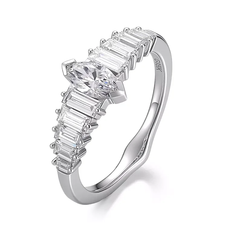 Vintage Marquise Cut Moissanite Wedding Ring with Elegant Baguettes Cut Accent Stones
