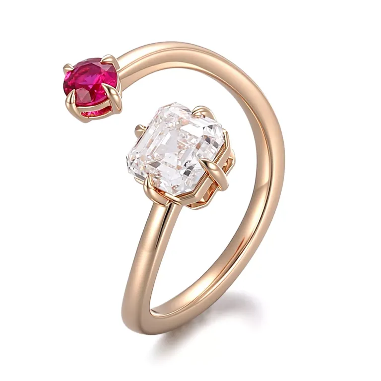 Asscher Cut Moissanite and Round Brilliant Lab Ruby Toi Et Moi Wrap Ring