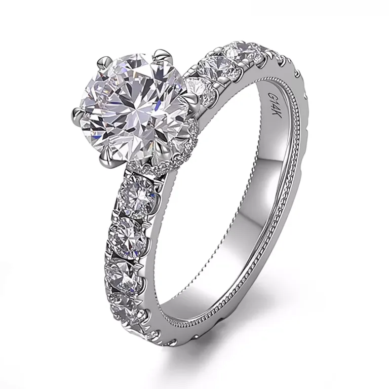 Classic Six Prong Round Brilliant Moissanite Solitaire Ring With Shimmering Pave Band