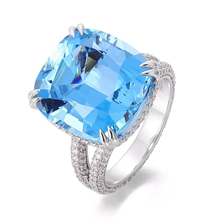 13CT Classic Cushion Cut Lab Blue Topaz Ring Featuring Shimmering Round Cut Moissanite