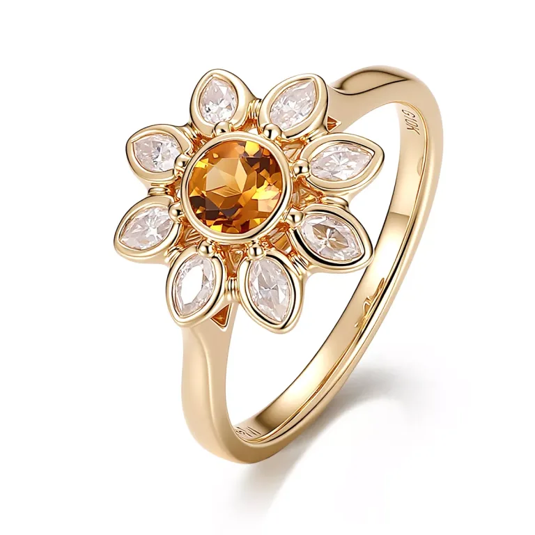 Floral Shaped Ring Featuring Round Cut Yellow Lab Sapphire And Marquise Moissanite