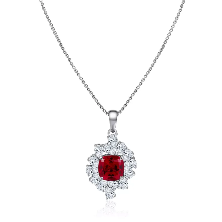 Cushion Cut Lab Ruby Pendant Featuring A Cluster Of Pear Cut Moissanite