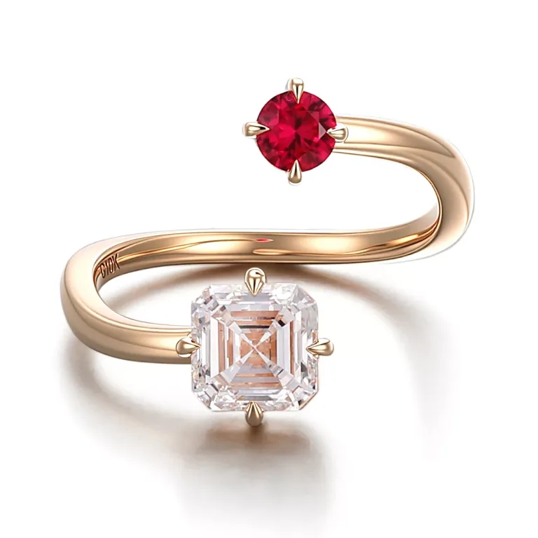 Asscher Cut Moissanite and Round Brilliant Lab Ruby Toi Et Moi Wrap Ring