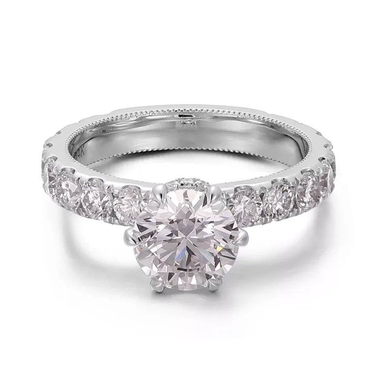 Classic Six Prong Round Brilliant Moissanite Solitaire Ring With Shimmering Pave Band