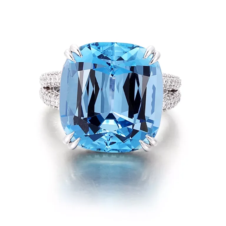 13CT Classic Cushion Cut Lab Blue Topaz Ring Featuring Shimmering Round Cut Moissanite