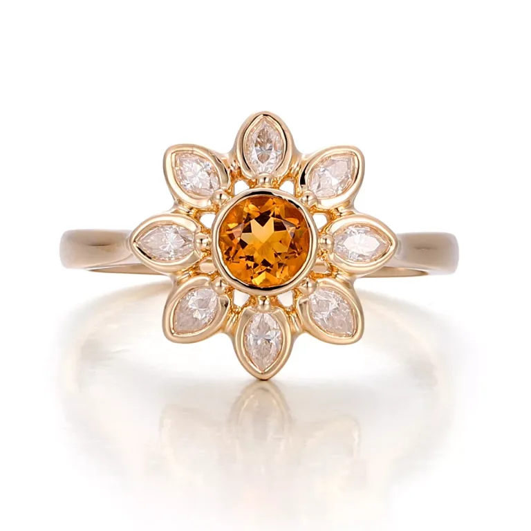 Floral Shaped Ring Featuring Round Cut Yellow Lab Sapphire And Marquise Moissanite