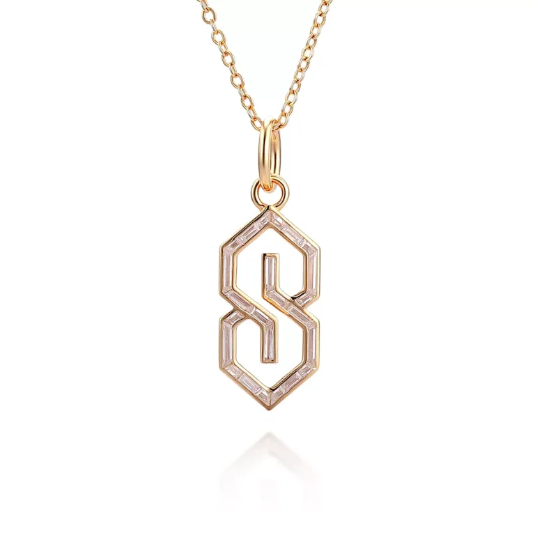 Geometric S Shaped Pendant Necklace Featuring Tapered Baguette Cut Moissanite Accents