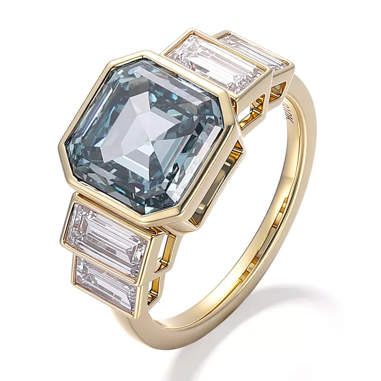 Asscher Cut Lab Sapphire Ring Featuring Graduated Baguettes Cut Moissanite Accent Stones