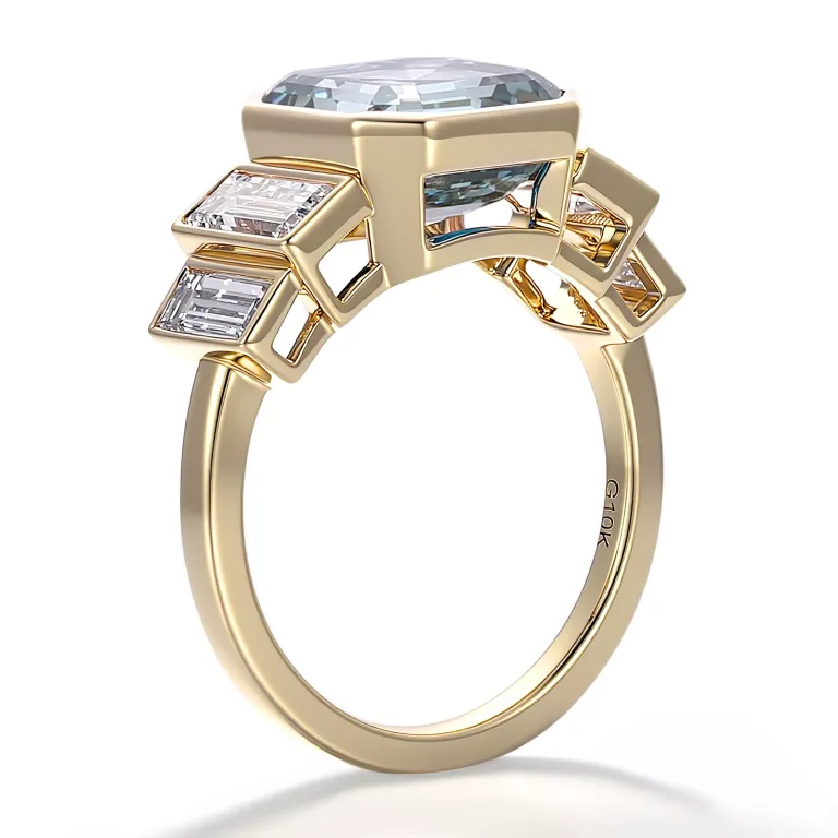 Asscher Cut Lab Sapphire Ring Featuring Graduated Baguettes Cut Moissanite Accent Stones