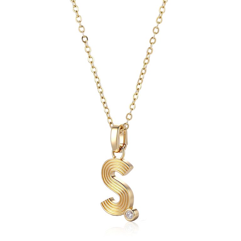 Personalized Initial S Pendant Necklace with Round Brilliant Moissanite Accent Stone
