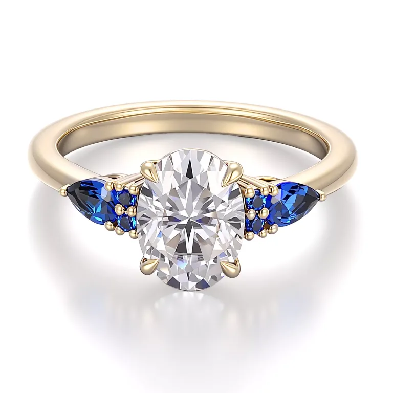 Oval Cut Moissanite Ring Featuring Vibrant Pear Cut Lab Sapphire Accent Stones
