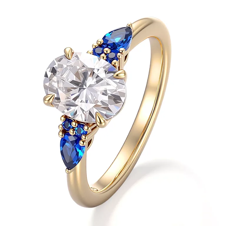 Oval Cut Moissanite Ring Featuring Vibrant Pear Cut Lab Sapphire Accent Stones