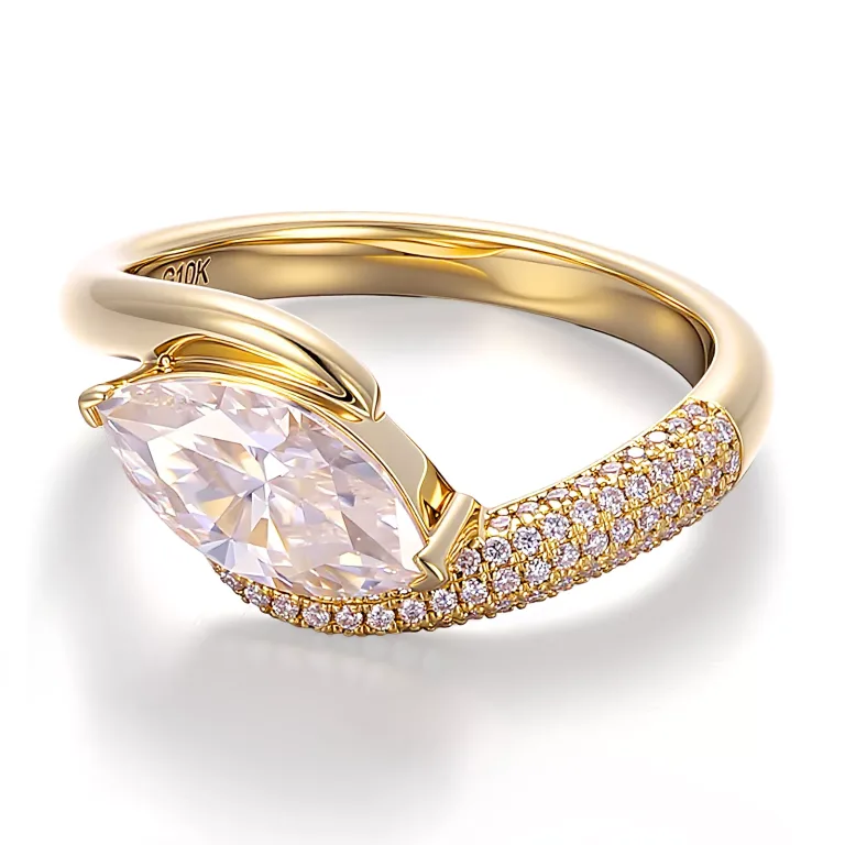 Marquise Cut Moissanite Solitaire Ring Featuring A Shimmering Round Cut Pave Band