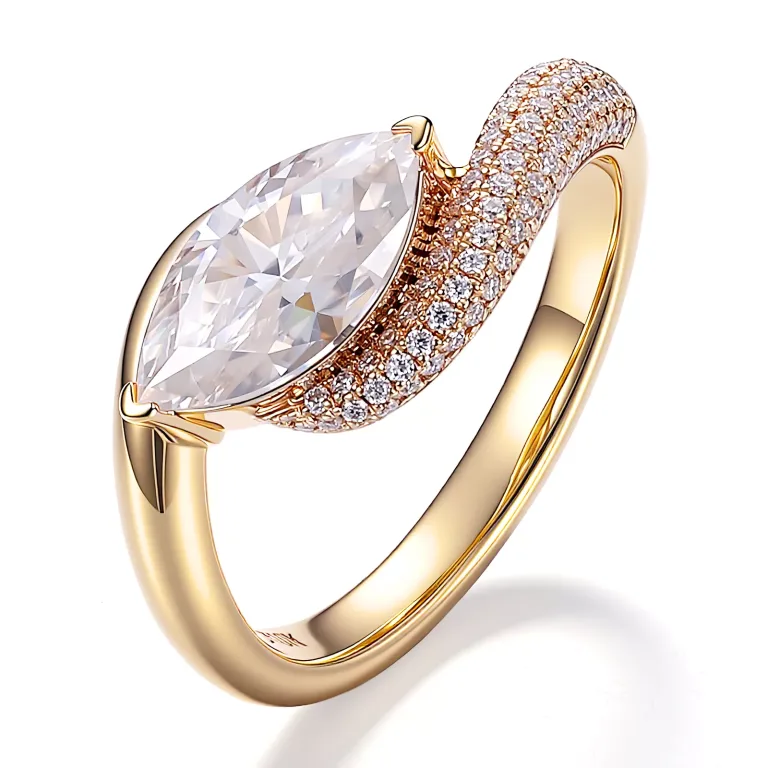 Marquise Cut Moissanite Solitaire Ring Featuring A Shimmering Round Cut Pave Band