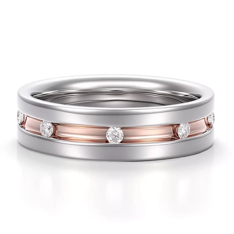 Modern Two Tone Men's Band Featuring Inlaid Round Brilliant Cut Moissanite