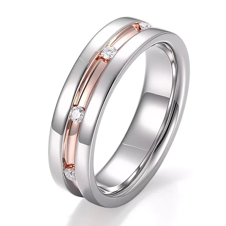 Modern Two Tone Men's Band Featuring Inlaid Round Brilliant Cut Moissanite