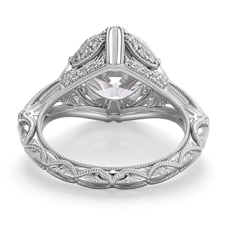 Vintage Inspired Moissanite Ring Featuring Intricate Milgrain Detailing And Round Cut Accents