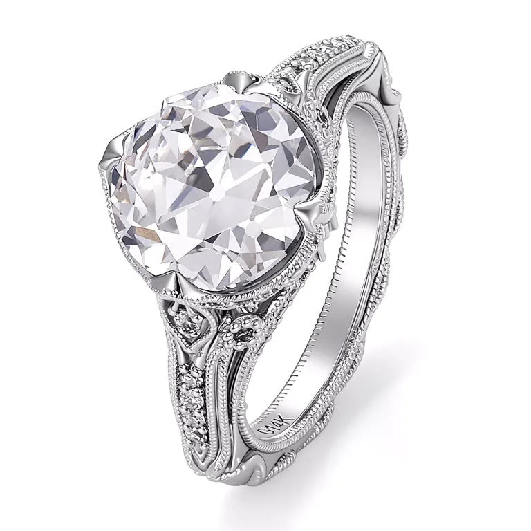 Vintage Inspired Moissanite Ring Featuring Intricate Milgrain Detailing And Round Cut Accents