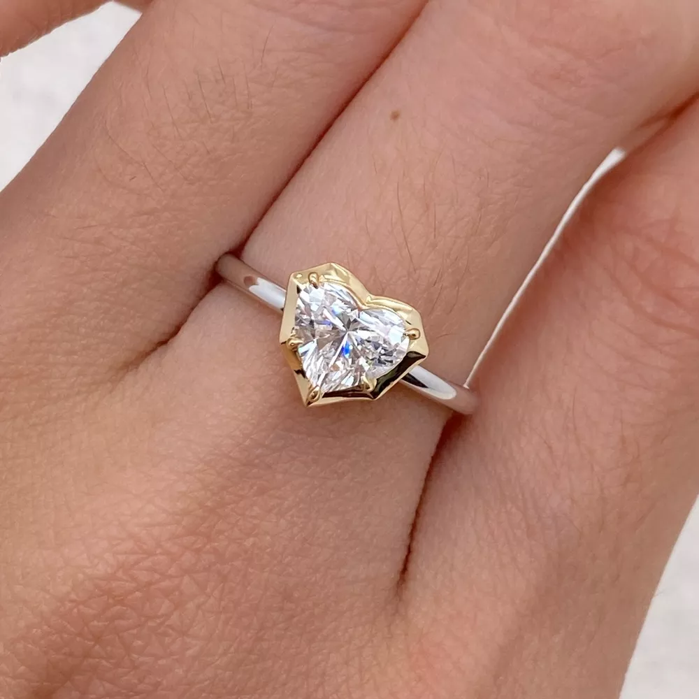 1CT Two Tone Heart Ring (2) 1CT Two Tone Heart Ring - 10K / 14K / 18K Gold (Yellow / White / Rose) moissanite / lab gemstone / lab diamond - Image 1